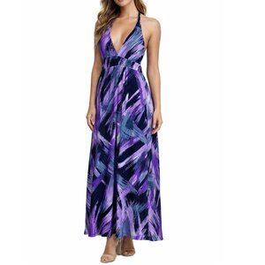 Chelsey brand maxi dress purple black halter slinky SZ L  tie neck*
